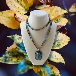 VTG Long Boho Mosaic Inlaid Turquoise/Gold Beaded Oval Stone Pendant Necklace